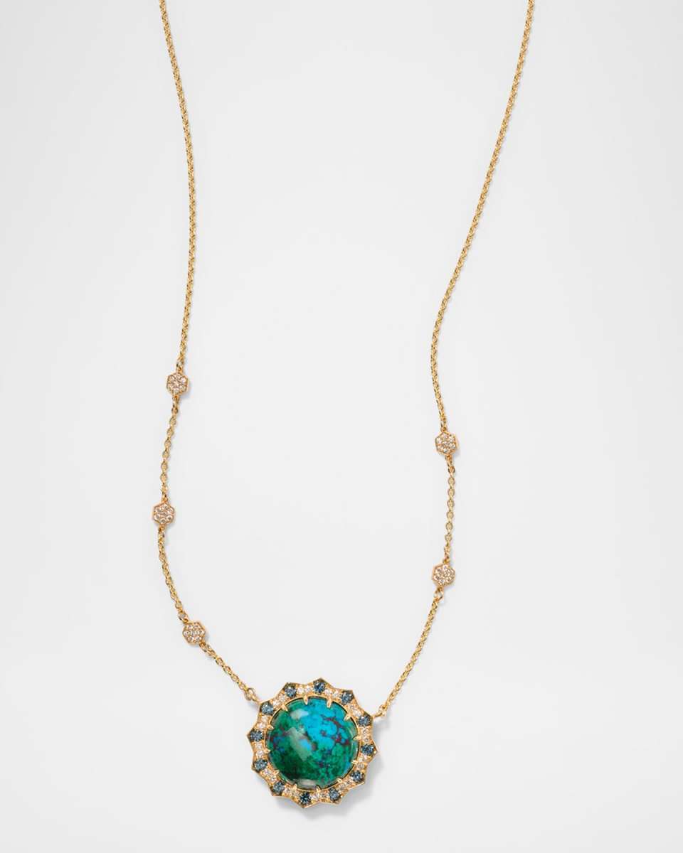 18K Yellow Celeste Chrysocolla Pendant with Diamonds and Blue Sapphires